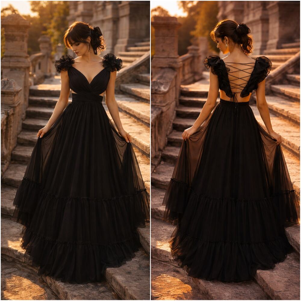 Mac Duggal Black Chiffon Tiered Ruffle Cut-Out Gown Lace-Up Back Size 4